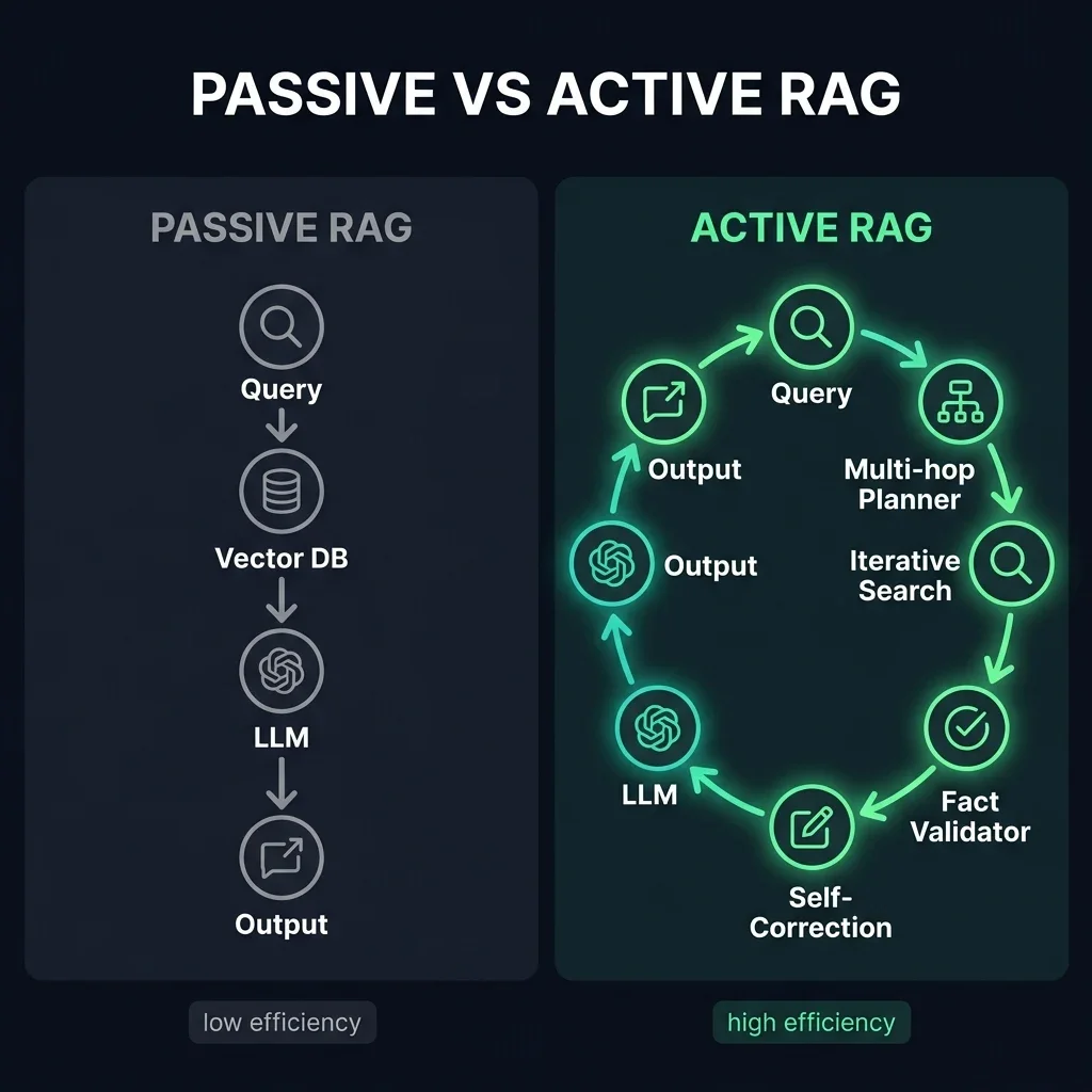 Comparison diagram showing the simple linear path of Passive RAG vs. the iterative multi-hop retrieval loop of Active RAG