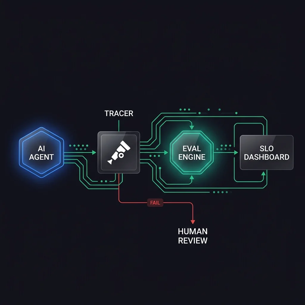 The AI agent observability pipeline: from agent execution through tracing, eval scoring, and SLO monitoring to production deployment decisions