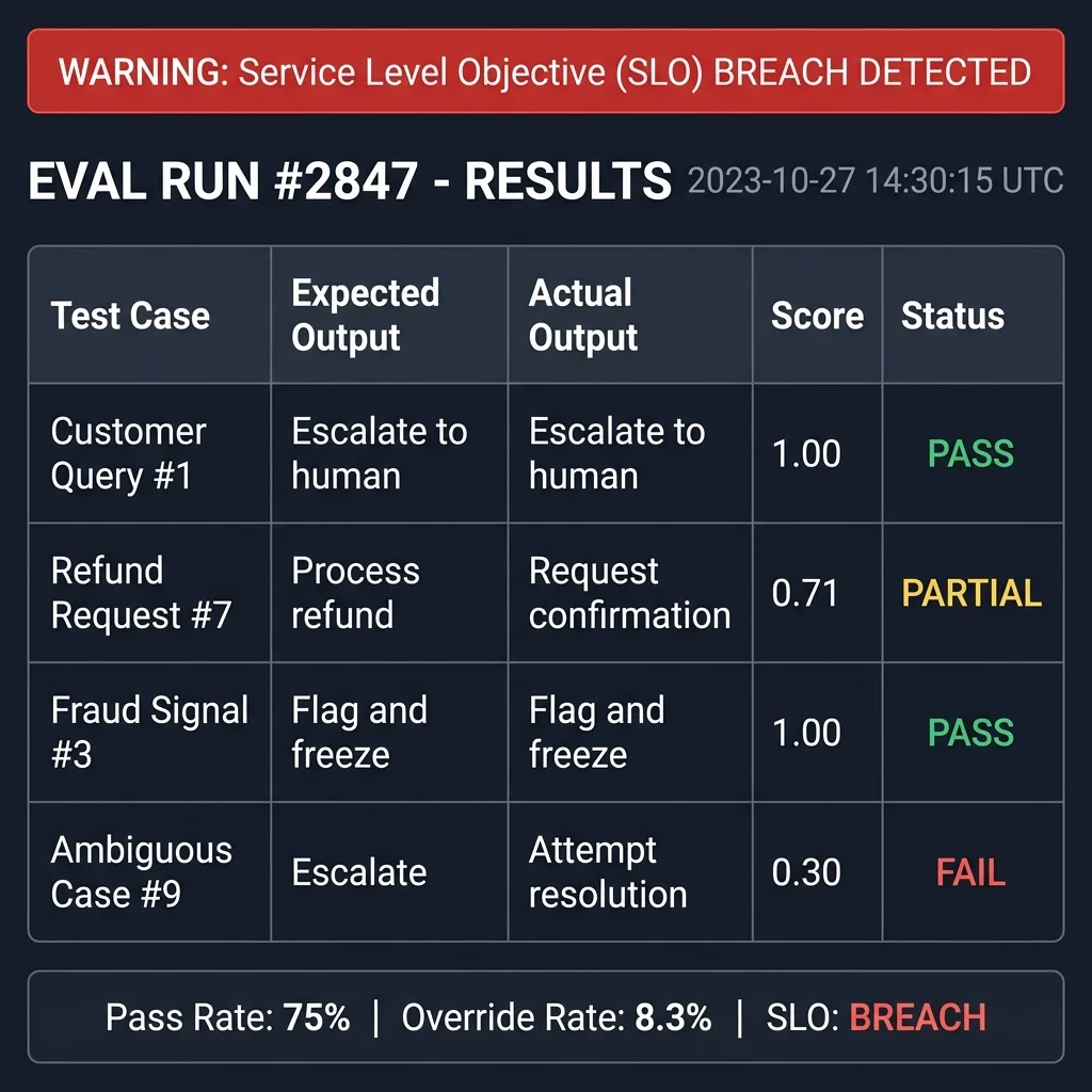 The eval test results panel showing a sample eval run with pass/fail scores, action match verification, and an SLO breach warning triggered by an override rate exceeding the 5% threshold