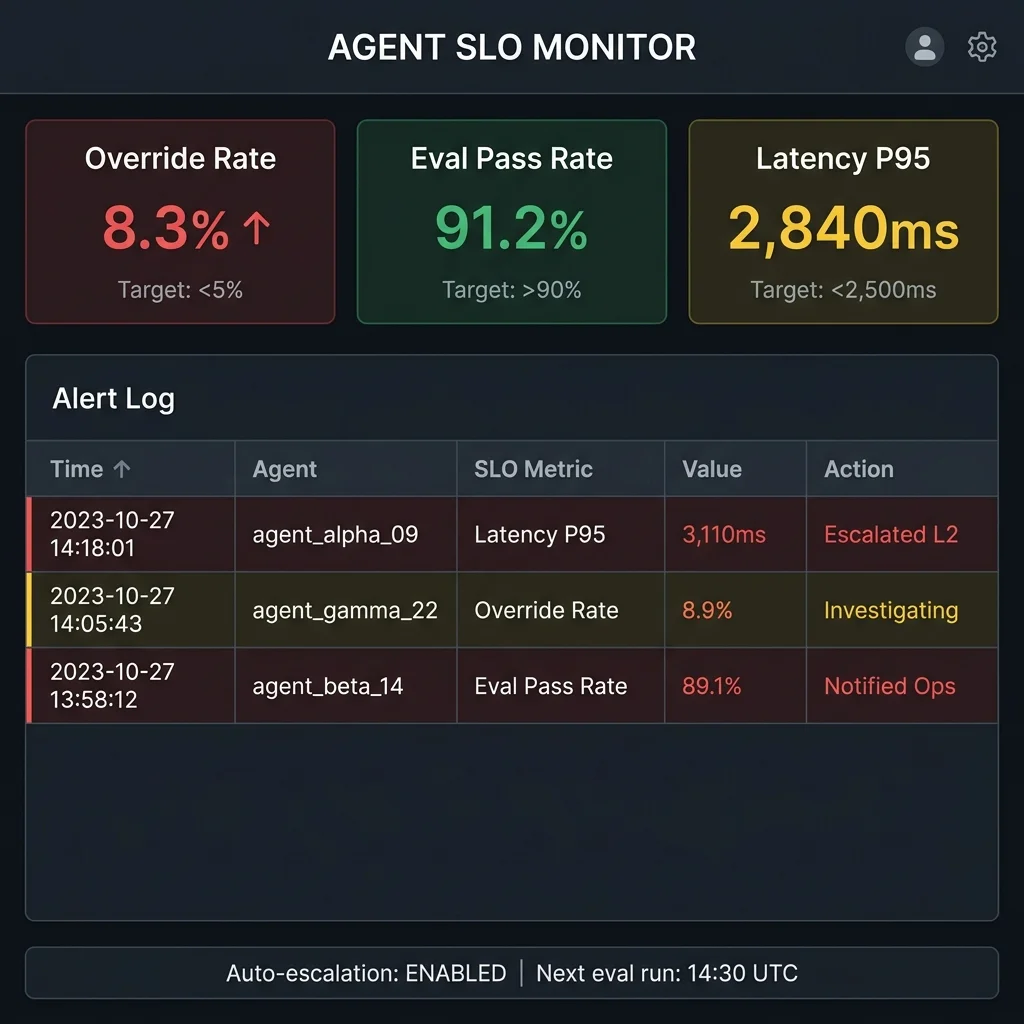 The SLO monitoring console showing agent override rate, eval pass rate, and P95 latency with breach detection and auto-escalation status