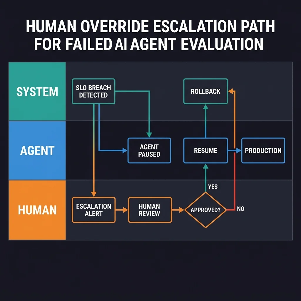 The human override escalation workflow showing three swimlanes - system, agent, and human - with the automated SLO breach detection, agent pause, escalation alert, human review, and either resume-to-production or rollback decision paths