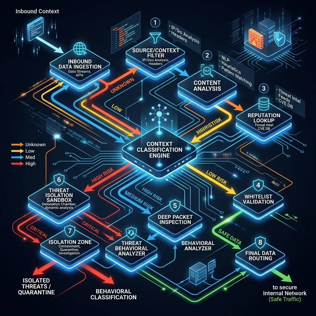Process Flowchart: Inbound Context Threat Classification and Isolation Pipeline Flow. RAG Threat Flowchart