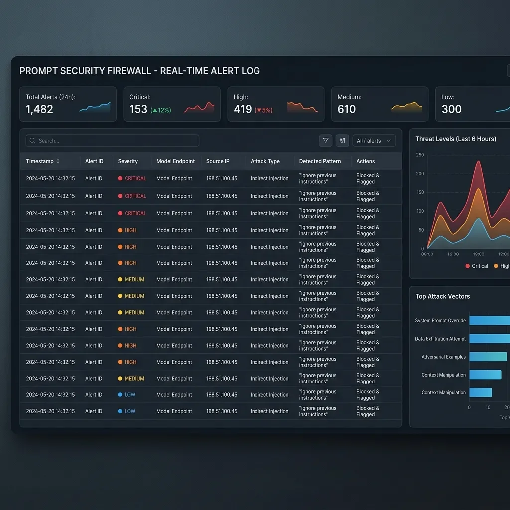 UI Screenshot: Real-time prompt injection firewall alerts log dashboard tracking anomalous agent behaviors. Prompt Injection Firewall Alerts