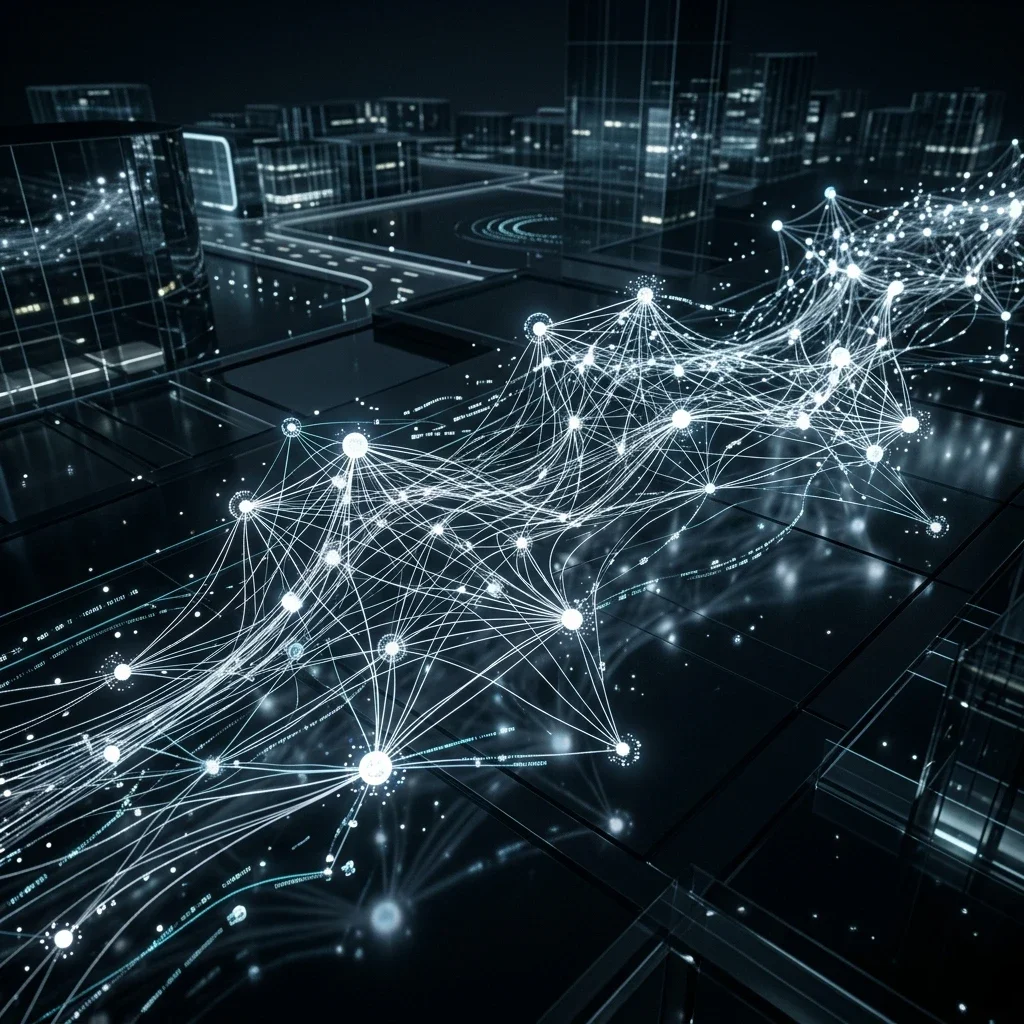 Collaborative Sales Swarm Banner: A cinematic high-fidelity visualization of an abstract digital network representing a collaborative network of autonomous sales agents. Agentic CRM Mesh Banner