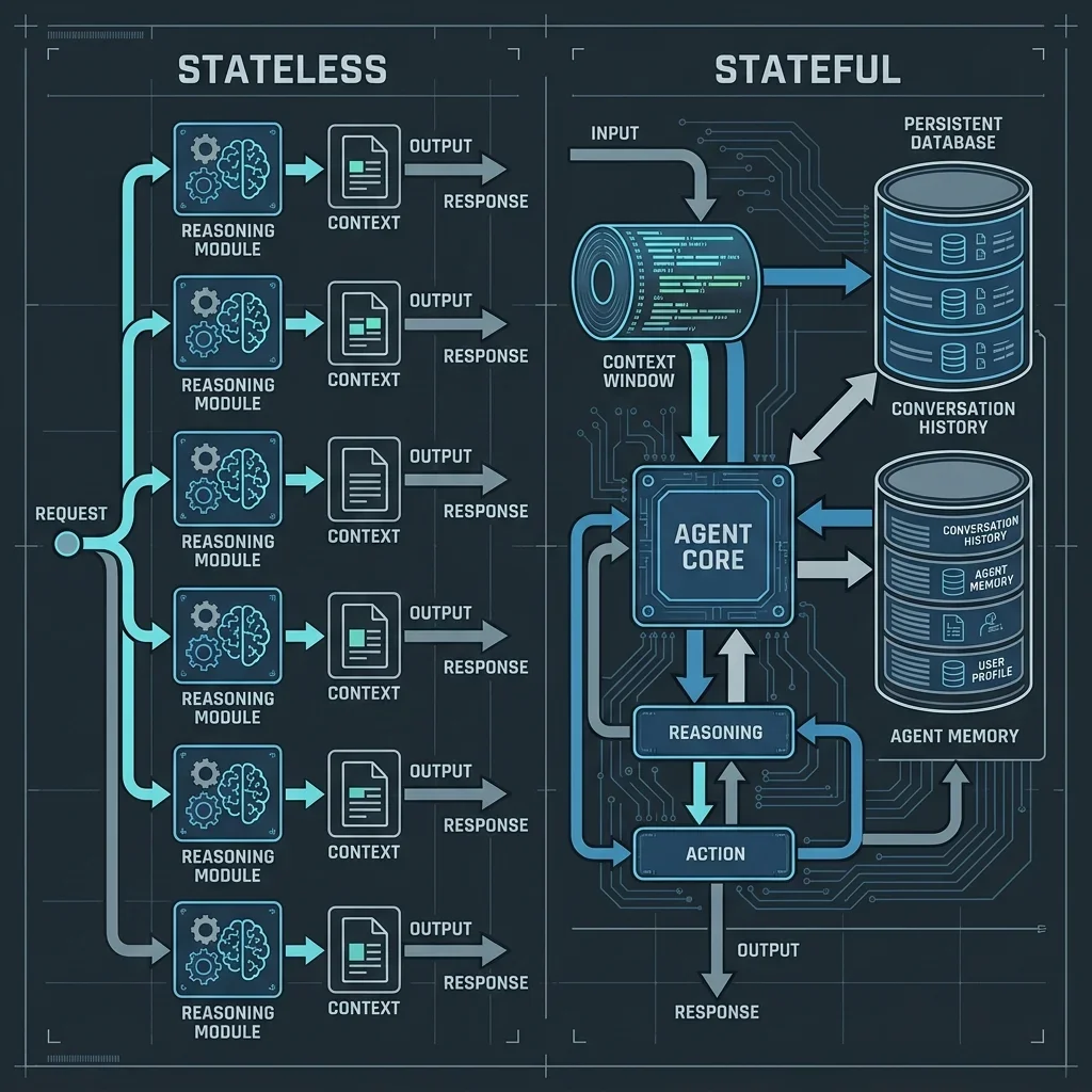 State Management Blueprints: A visual comparison of stateless vs. stateful agentic architectures. State Management Patterns