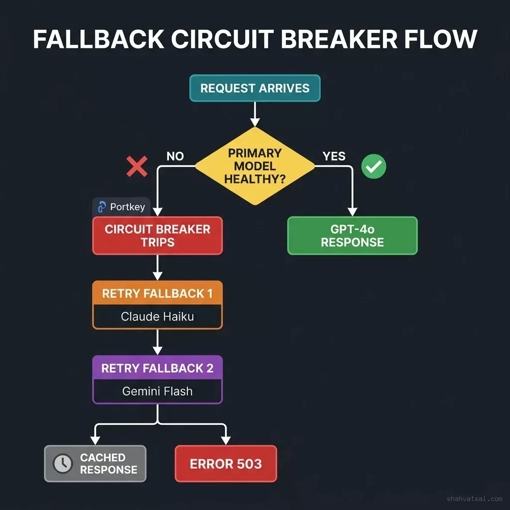 Blueprint 2: Fallback Circuit Breaker Flow. Visual sequence illustrating request interception, health check verification, dynamic circuit tripping, and automatic routing to model failovers. Fallback and Circuit Breaker Flow showing request arrival, health checks, circuit trip, and retry cascades