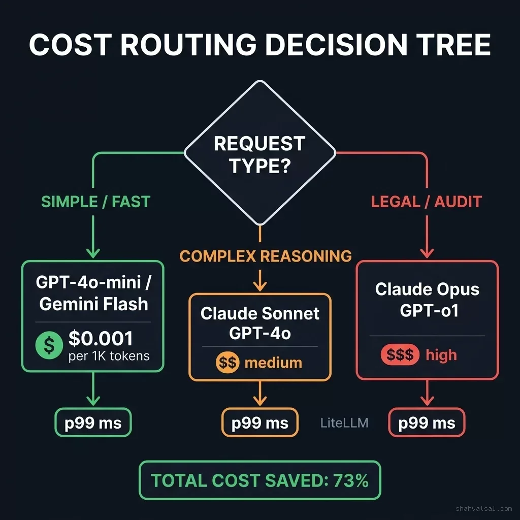 Blueprint 3: Cost-Optimized Routing Decision Tree. The gateway evaluates input complexity, semantic category, and budget rules to assign prompts to the lowest cost tier capable of resolving the request. Cost routing decision tree showing prompt categorization and model dispatch routes