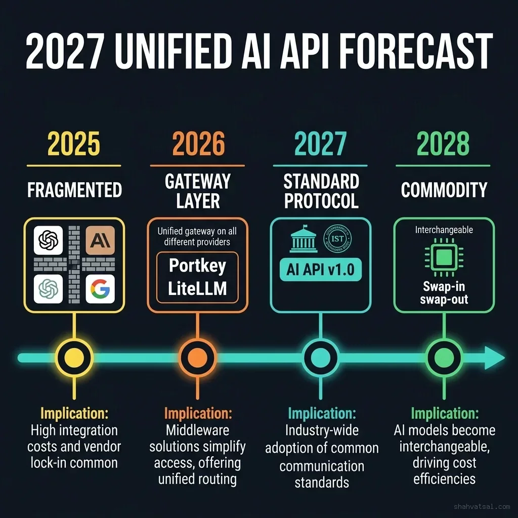 Blueprint 5: 2027-2030 Unified AI API Roadmap. Evolutionary timeline illustrating the progression from fragmented silos to universal semantic caching and dynamic real-time capacity brokerage. Roadmap timeline predicting the unification of AI APIs, semantic caches, and broker networks by 2028