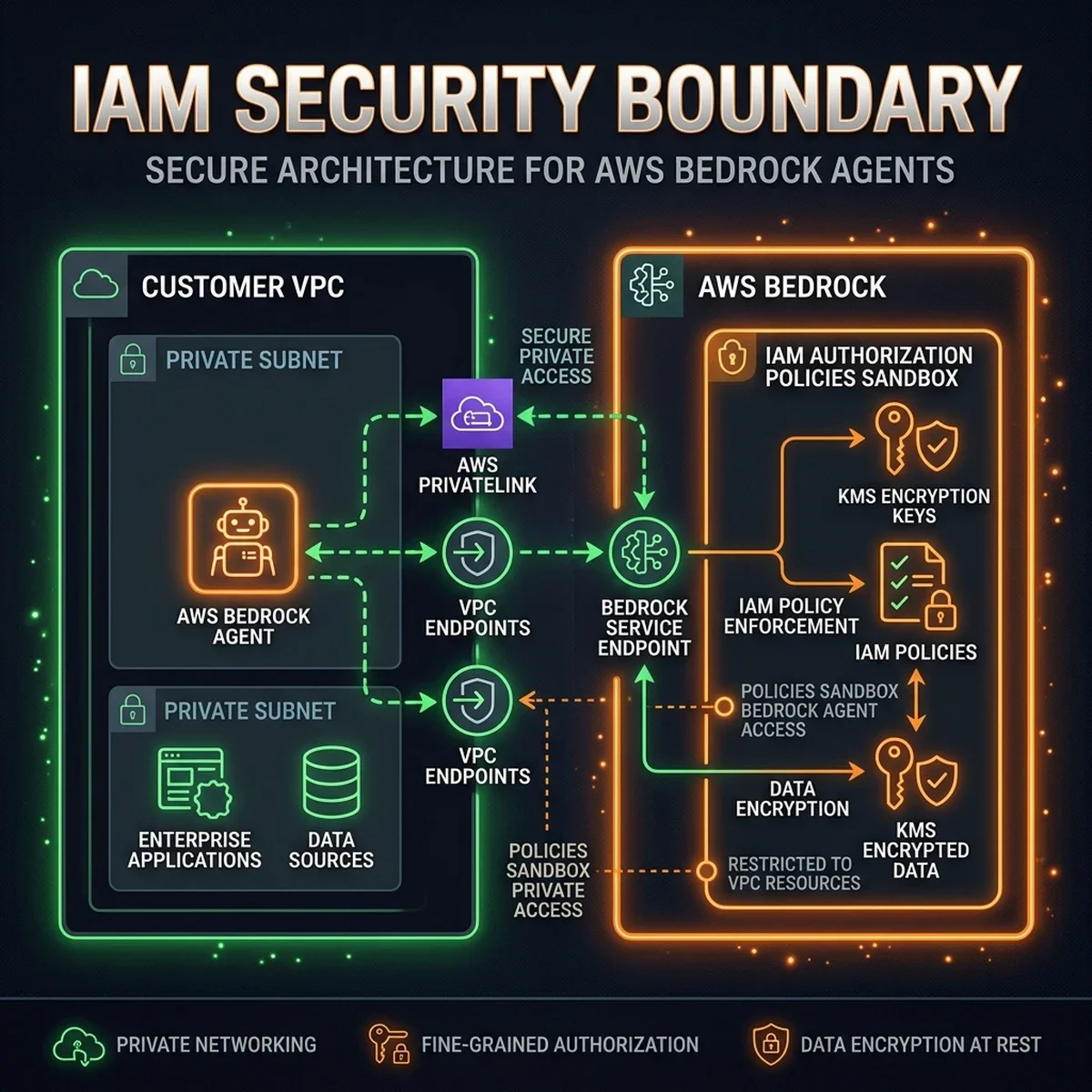 Security Architecture: Encrypted VPC and IAM boundaries isolating Bedrock resources from the public internet VPC and IAM Security Boundary
