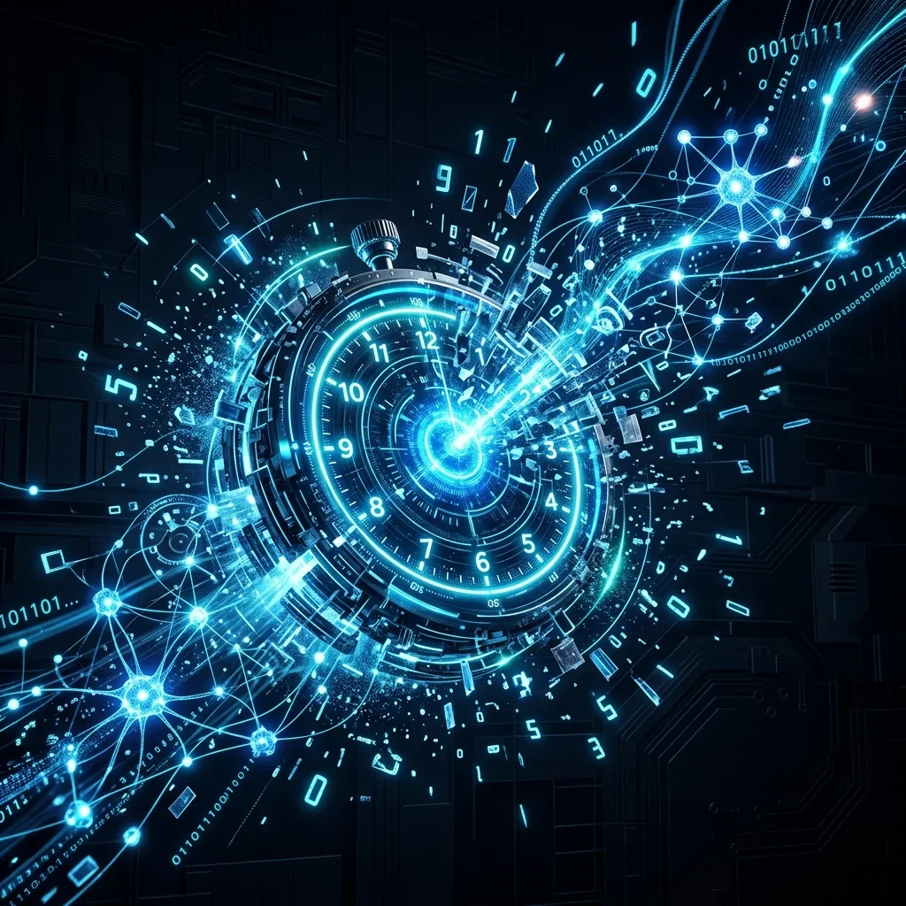 Beyond Scrum: A clock shattering into digital shards, representing the transition from linear meeting schedules to non-linear asynchronous execution Beyond Scrum — Vatsal Shah — 2026