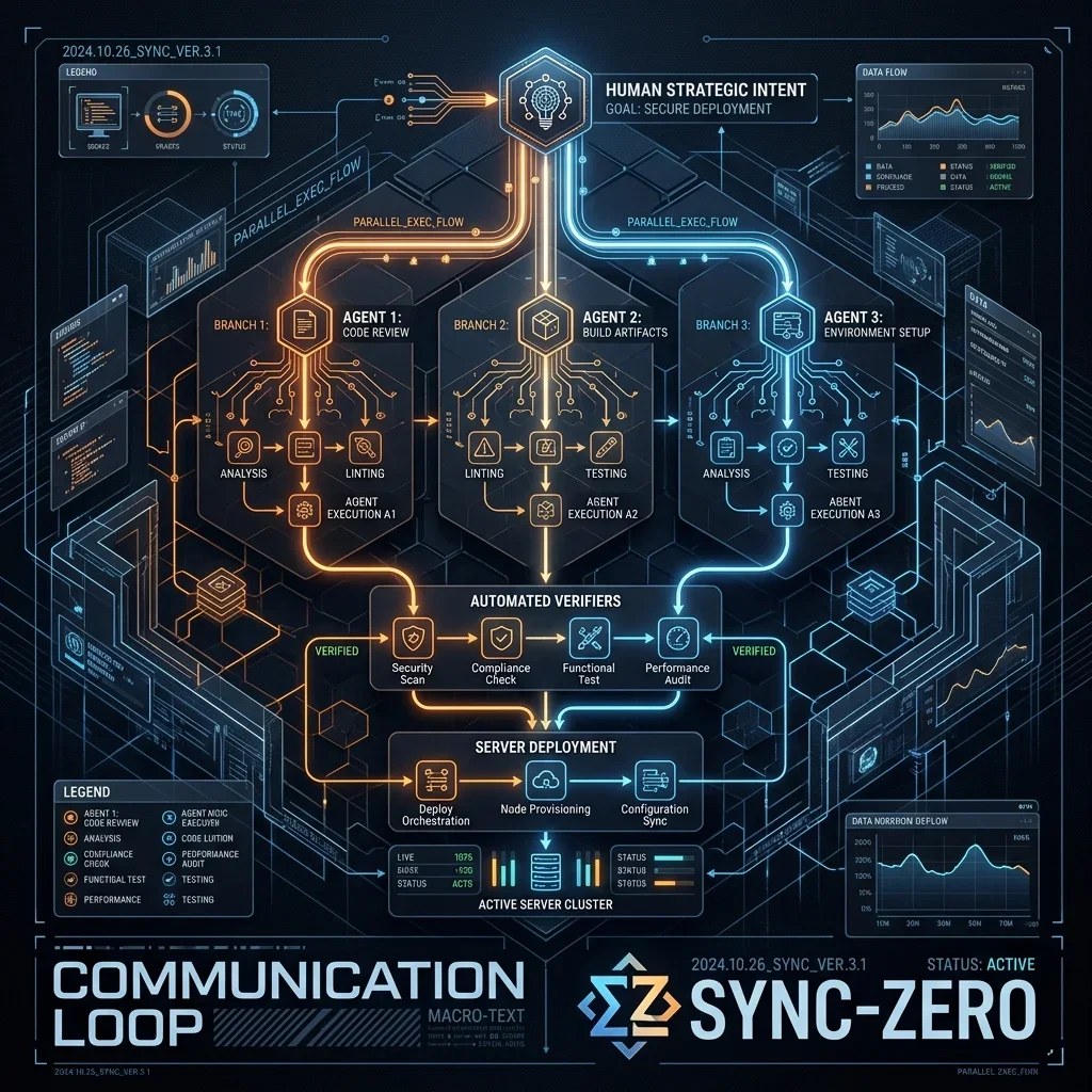 Sovereign Blueprint 1: The Sync-Zero Communication Loop showing the transition from human strategic intent to parallel agent runs and automated verification gates Sync-Zero Communication Loop