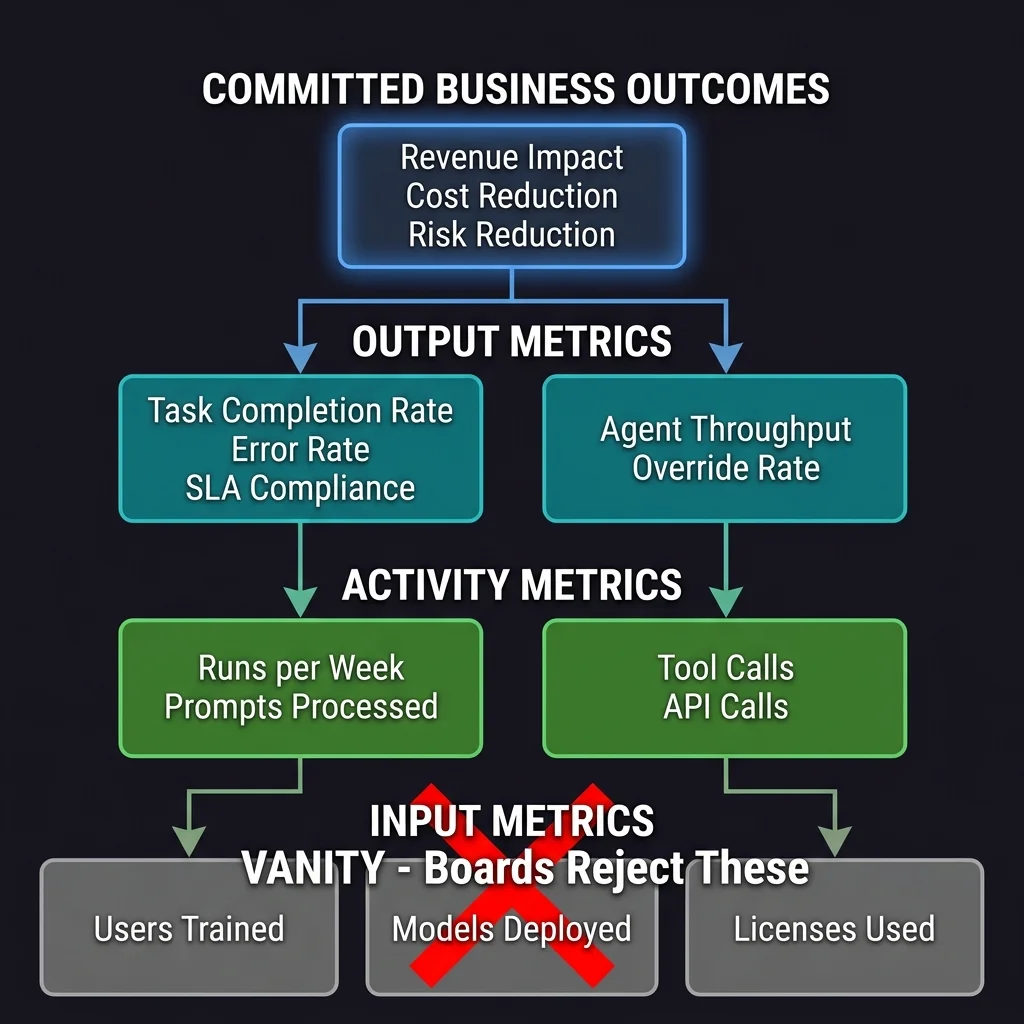 The enterprise AI KPI tree hierarchy: committed business outcomes at the top, cascading through output metrics and activity metrics to input metrics at the bottom — with input metrics flagged as board-rejected vanity measures