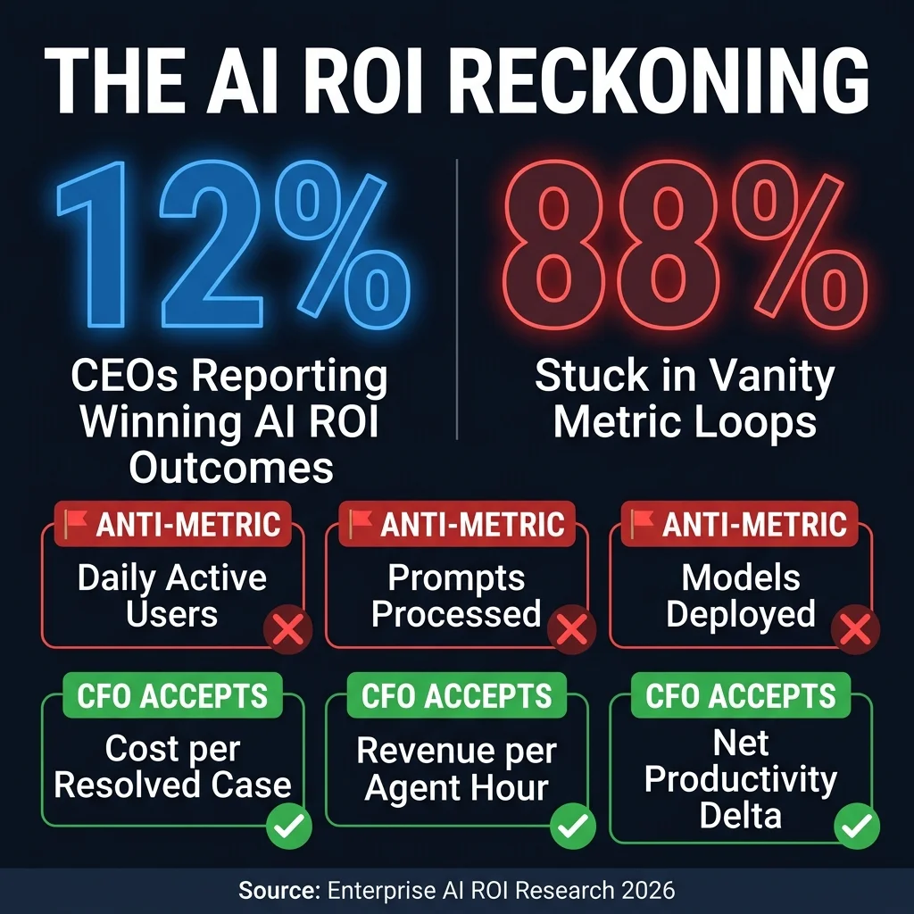 The AI ROI reckoning: only 12% of CEOs report winning outcomes while 88% are stuck in vanity metric loops — with the six most common anti-metrics on the left and three CFO-accepted committed outcome metrics on the right