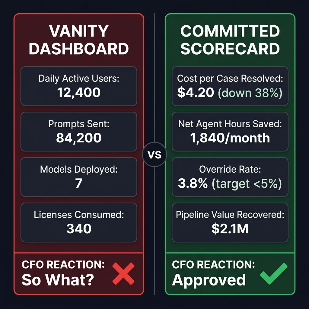Before and after: the vanity dashboard (left) showing daily active users, prompts sent, models deployed, and licenses consumed — rejected by CFO — versus the committed scorecard (right) showing cost per resolved case down 38%, 1,840 FTE hours freed monthly, 3.8% override rate, and $2.1M pipeline recovered — approved by CFO