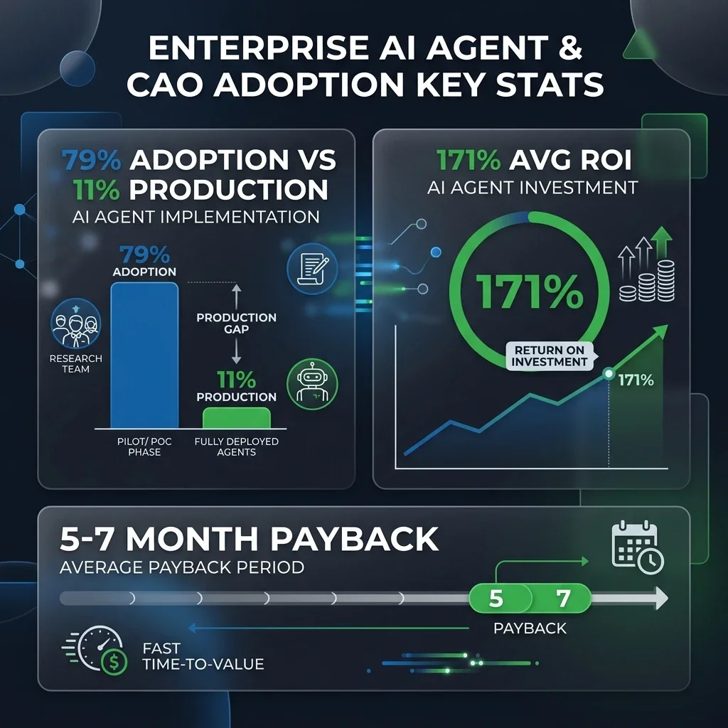 CAO Adoption and ROI Infographic: High-contrast data visualization detailing the 79% enterprise pilot rate vs. 11% production deployment gap, alongside average ROI metrics and Gartner risk projections. CAO Adoption & ROI Infographic