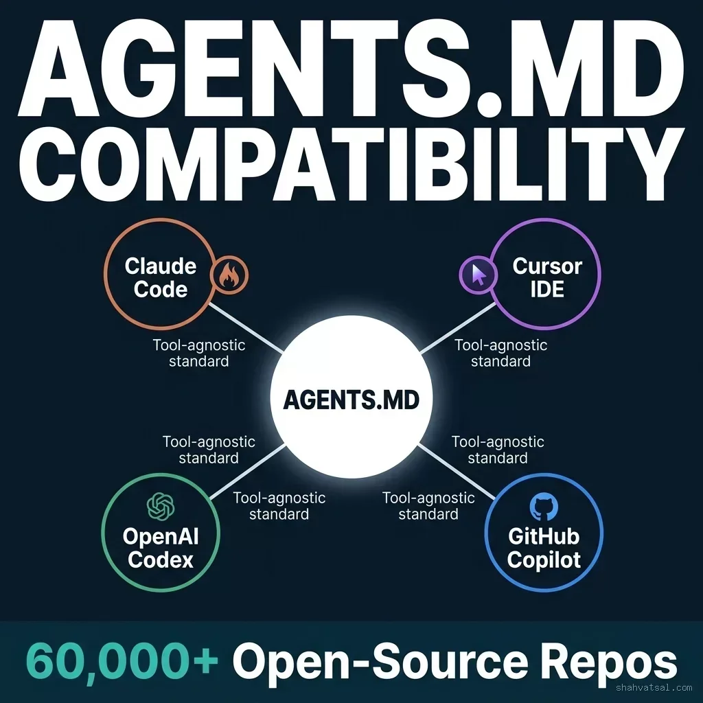 AGENTS.md Cross-Tool Compatibility — Claude Code, Cursor, OpenAI Codex, GitHub Copilot Hub-and-Spoke Diagram