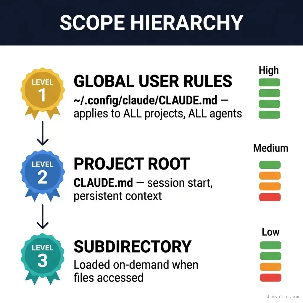 CLAUDE.md Scope Hierarchy — Three-Tier Loading Architecture for Project-Level, Global, and Subdirectory Instructions