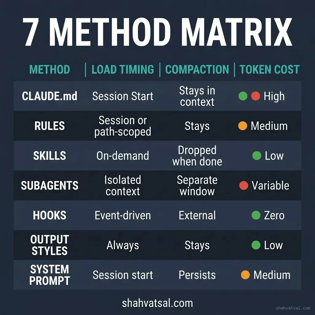 Seven-Method Steering Comparison Matrix — Load Timing, Compaction Behavior, Token Cost, and Ideal Use Cases for All 7 Methods