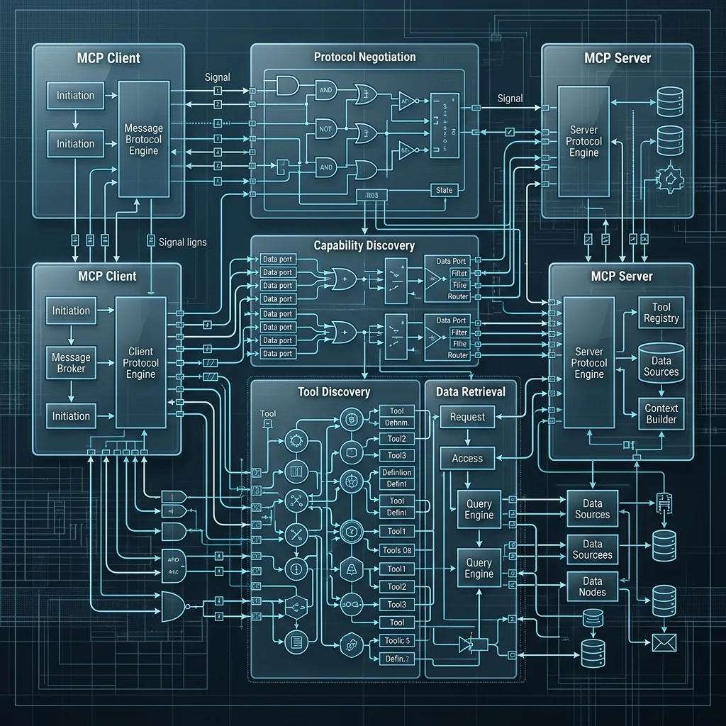 Clean Code 2026 --" 2D Logic diagram of MCP-driven tool-calling and data-retrieval handshakes