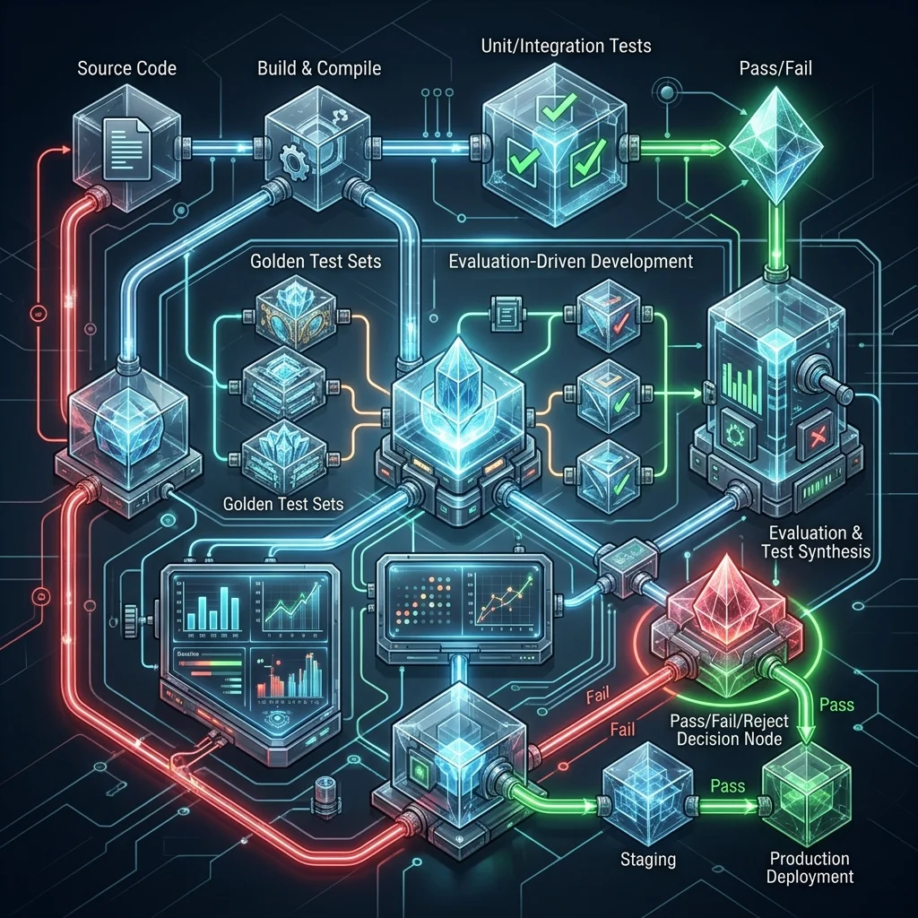 Clean Code 2026 --" 2D Process map showing Evaluation-Driven CI/CD with Evaluation Hooks and Golden Data Comparison
