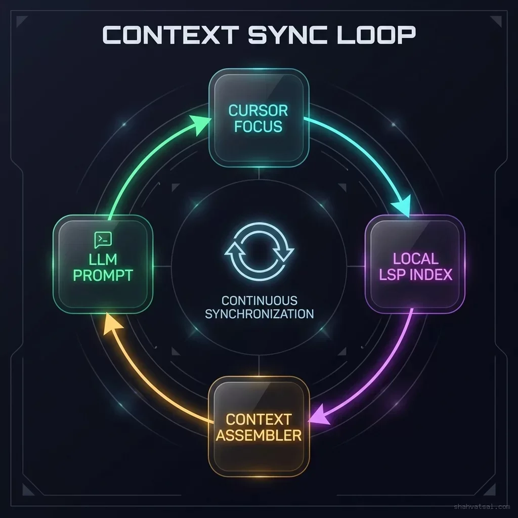 Context Sync Loop: The active flow between editor focused files and model inputs Context Sync Loop Diagram