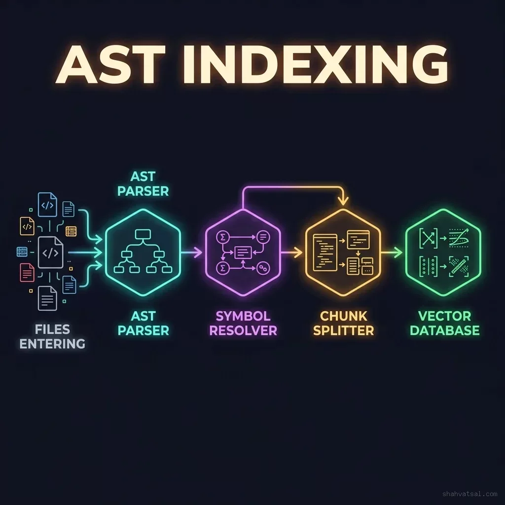 AST Indexing: Processing codebase files into semantic and structural databases AST Indexing Pipeline Flowchart