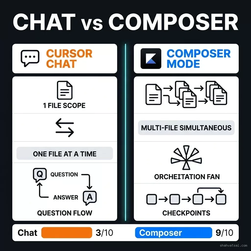 Side-by-side comparison: Cursor Chat (left, orange Cursor Chat vs Composer Mode Comparison — Chat: 1 file scope, one at a time, 3/10. Composer: multi-file simultaneous, orchestration fan, 9/10