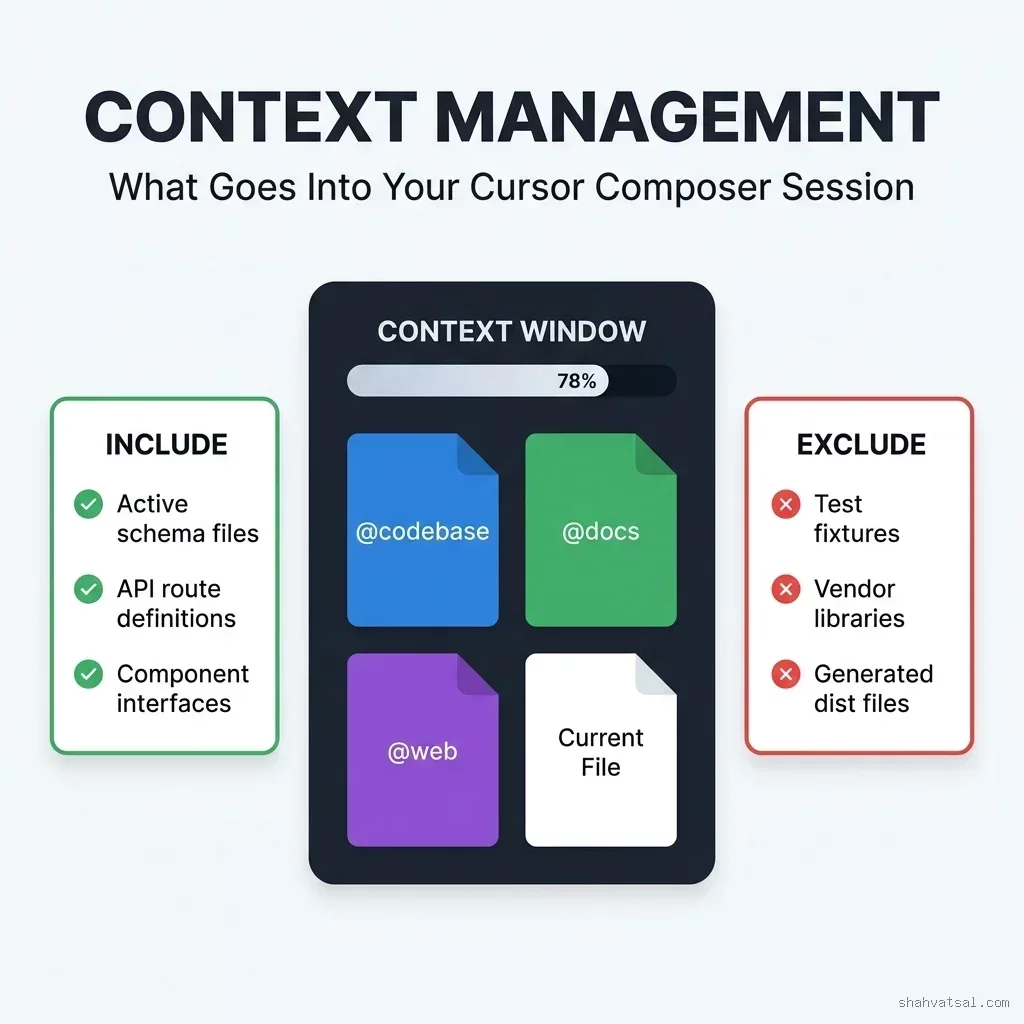 Composer context window management: The 78% capacity indicator shows a well-loaded session including @codebase, @docs, @web lookup, and the current active file. Left panel (green border Cursor Composer Context Window Management — Include vs Exclude diagram with @codebase, @docs, @web, Current File cards