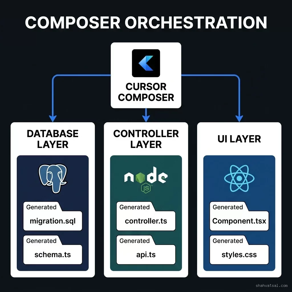 Cursor Composer functions as an orchestration hub — a single natural language prompt flows into the DATABASE LAYER (migration.sql, schema.ts Cursor Composer Orchestration Architecture — Hub diagram showing Composer generating migration.sql, controller.ts, and Component.tsx simultaneously from a single session