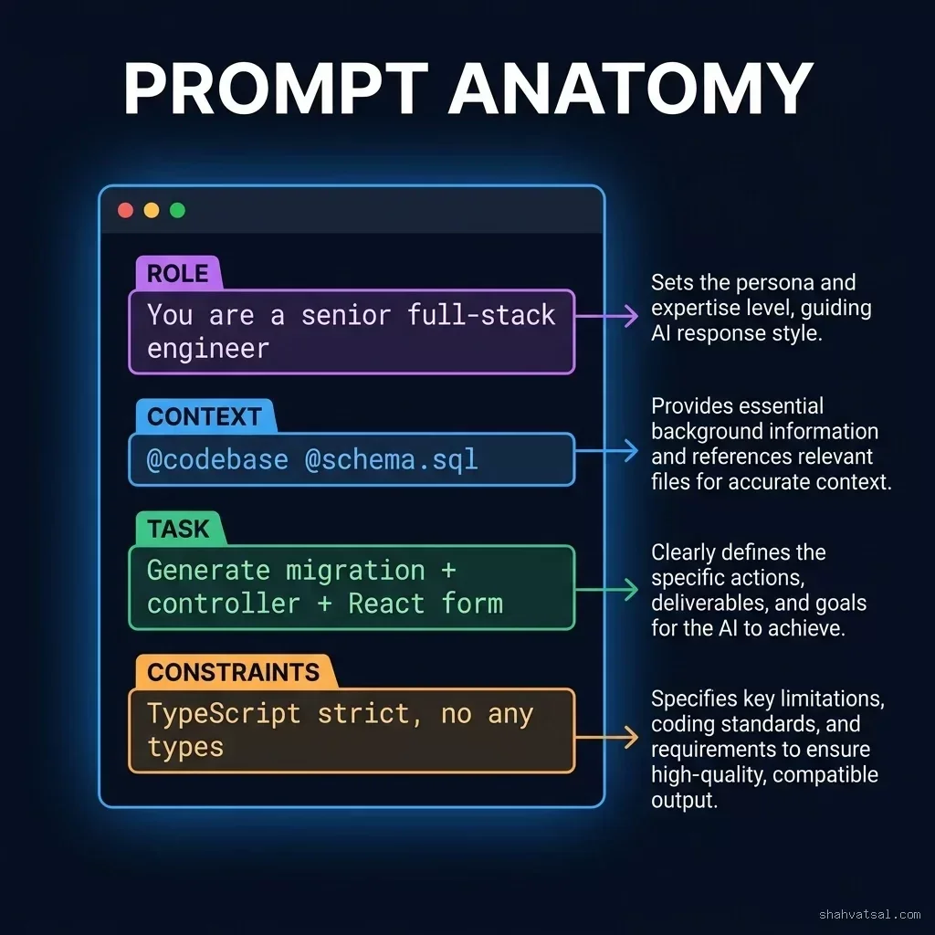 The four-section anatomy of an elite Composer prompt: ROLE (purple Cursor Composer Prompt Anatomy — ROLE, CONTEXT, TASK, CONSTRAINTS color-coded sections with side annotations