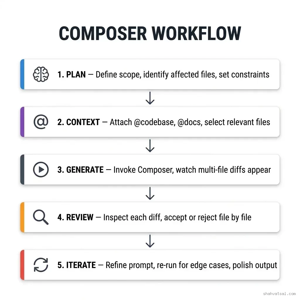 The five-phase Composer workflow: Phase 1 PLAN defines scope and identifies all affected files. Phase 2 CONTEXT attaches @codebase, @docs, and specific file references. Phase 3 GENERATE invokes Composer and watches multi-file diffs appear. Phase 4 REVIEW inspects each diff file by file. Phase 5 ITERATE refines the prompt and re-runs for edge cases. Cursor Composer Session Workflow — 5 steps: Plan, Context, Generate, Review, Iterate