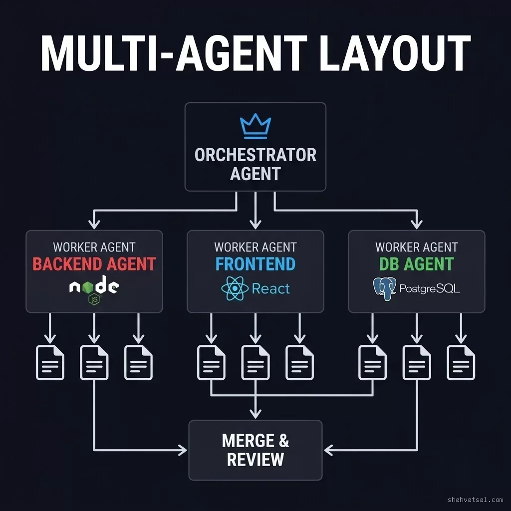 Multi-Agent Layout Architecture: An Orchestrator Agent coordinates three parallel Worker Agents — Backend (Node.js Cursor Multi-Agent Layout Architecture — Orchestrator Agent with crown icon delegating to Backend Agent (Node.js), Frontend Agent (React), and DB Agent (PostgreSQL), all merging into a single review