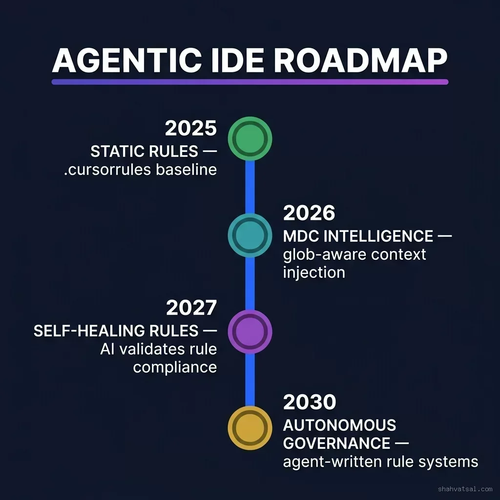 Agentic IDE roadmap from 2025 static rules to 2030 autonomous governance