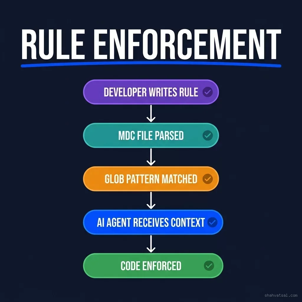 Cursor Rules enforcement pipeline showing 5 stages from Developer Writes Rule to Code Enforced
