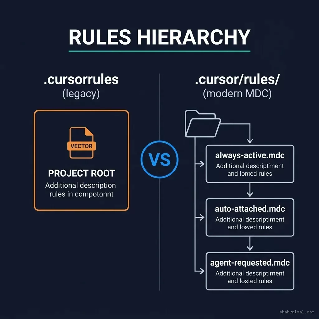 Cursor Rules hierarchy showing .cursorrules versus .cursor/rules/*.mdc architecture