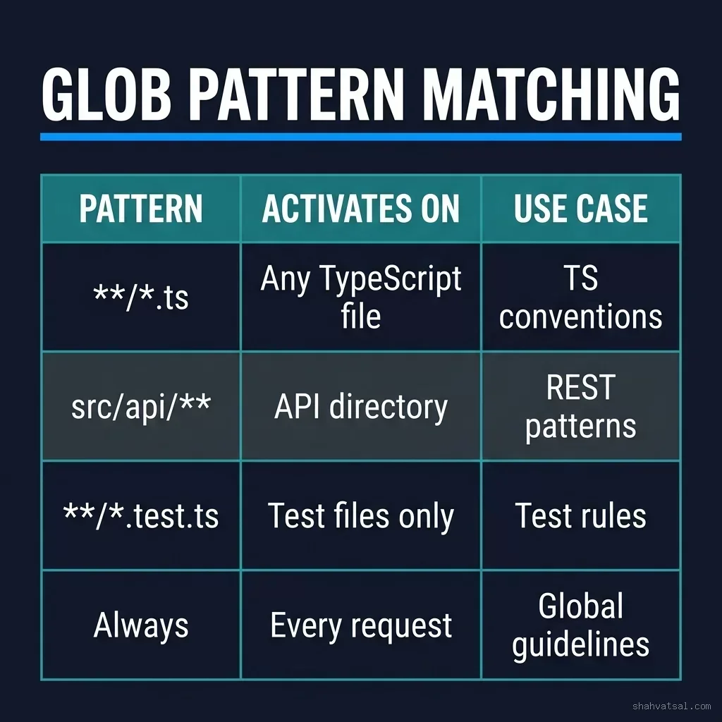 Glob pattern matching table showing PATTERN, ACTIVATES ON, and USE CASE columns for .cursor/rules/<em>.mdc files