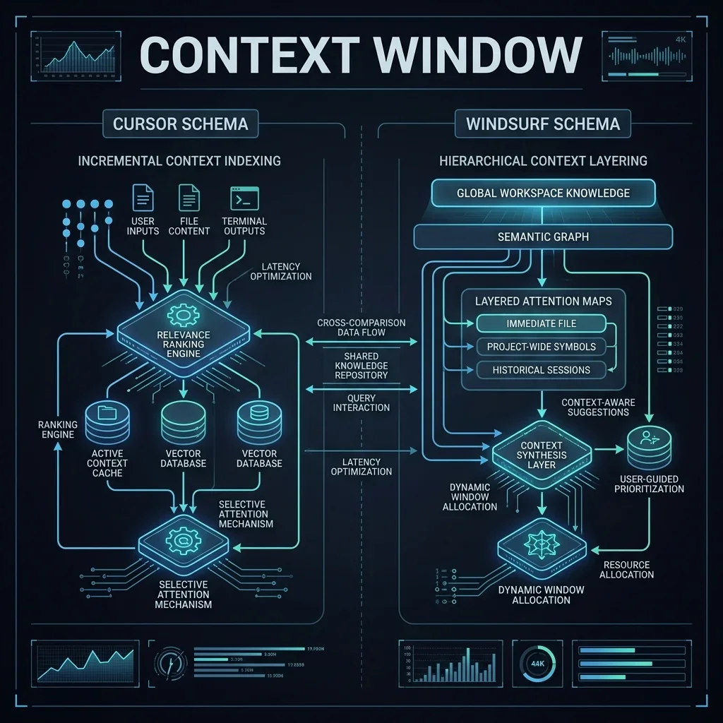 Context Window Management comparison showing how Cursor uses hybrid semantic graphs while Windsurf utilizes direct context streams. Context Window Management