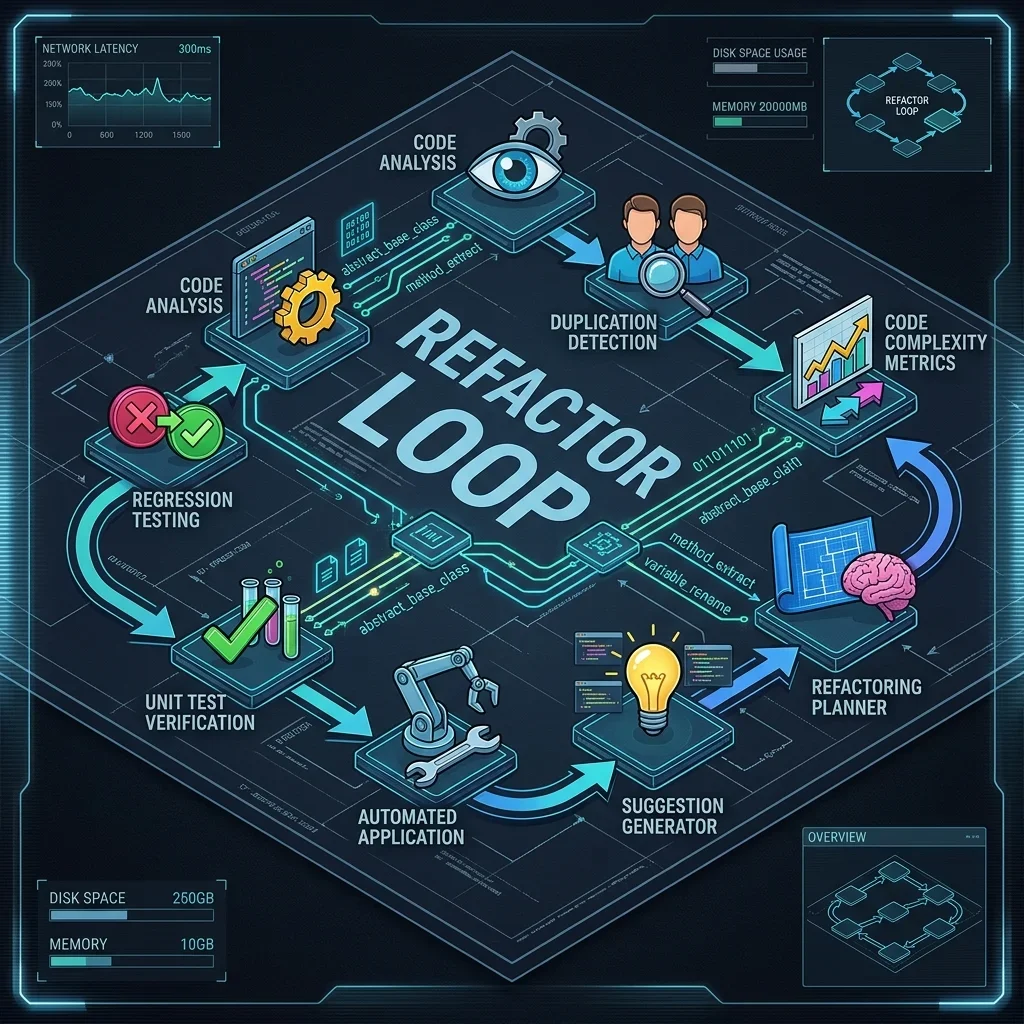Autonomous Refactoring flow diagram detailing the planning, execution, compile test, self-heal, and verification stages. Autonomous Refactoring Flow
