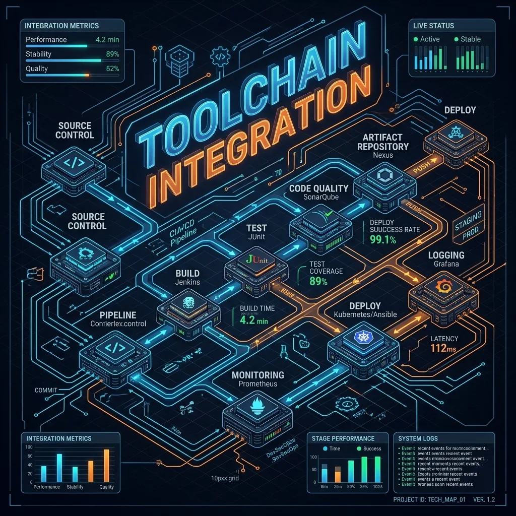 Toolchain Integration Map showing the secure pipeline from local Agentic IDE to CI/CD and deployment targets. Toolchain Integration Map