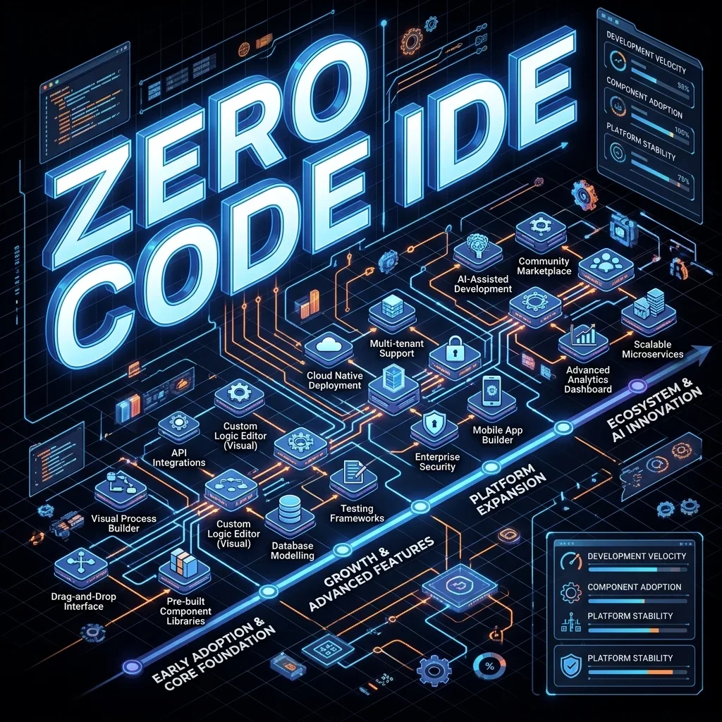 Evolutionary roadmap showing the progression from agentic IDE toolchains to zero-code autonomous development environments by 2030. Zero-Code IDE Roadmap