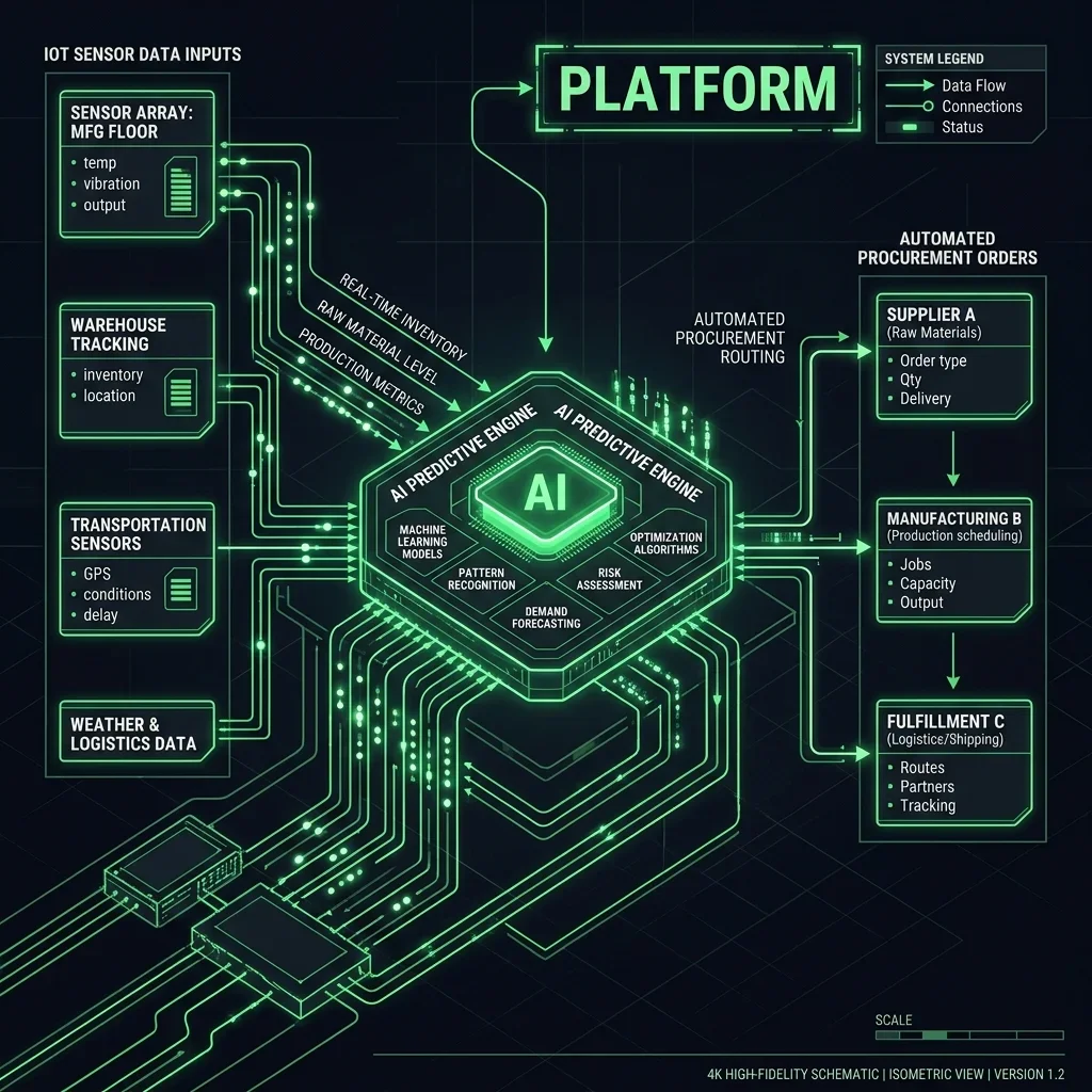 AI Platform Architecture: Isometric blueprint mapping IoT sensor data nodes, Kafka event streams, predictive engines, and ERP database links. Platform Architecture Diagram