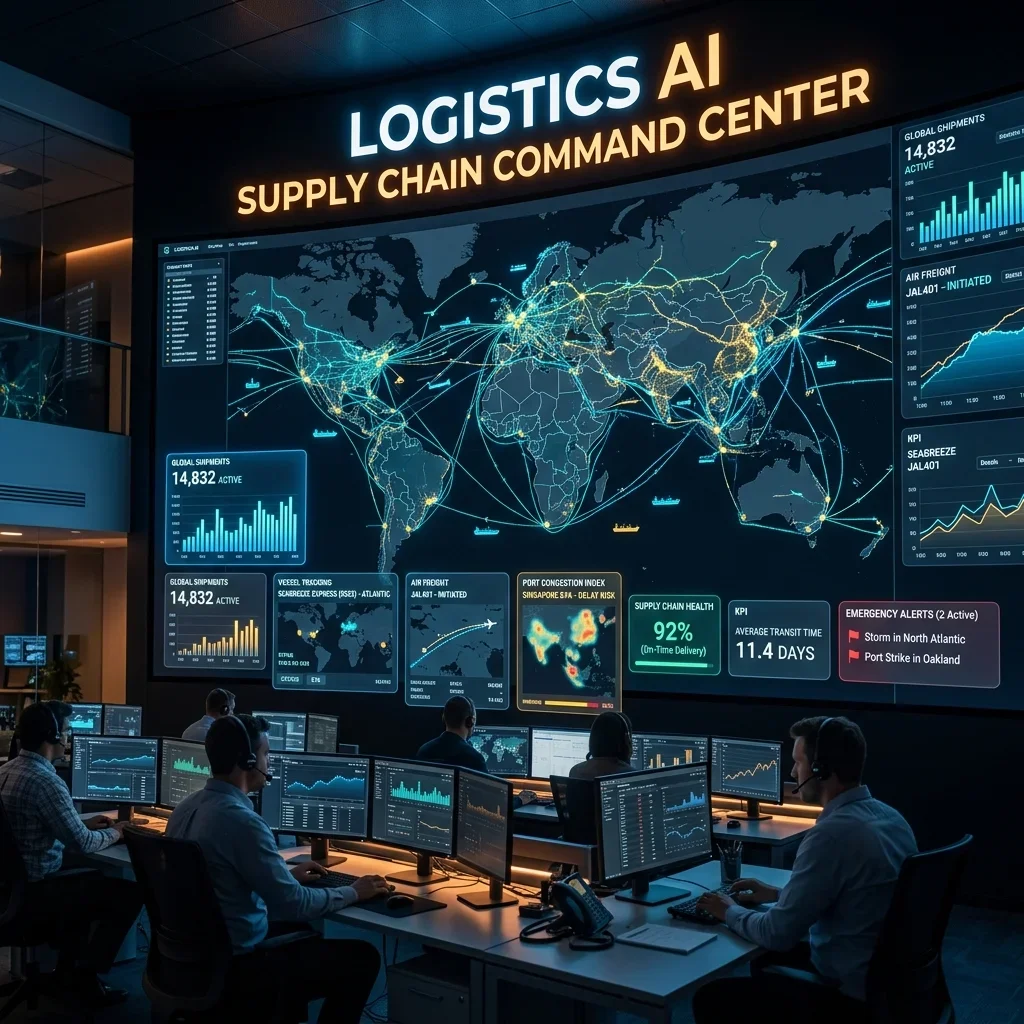 AI supply chain transformation — Centralized command center dashboard visualizing shipment coordinates, inventory levels, transit delays, and auto-routing alerts. AI Supply Chain Platform Architecture
