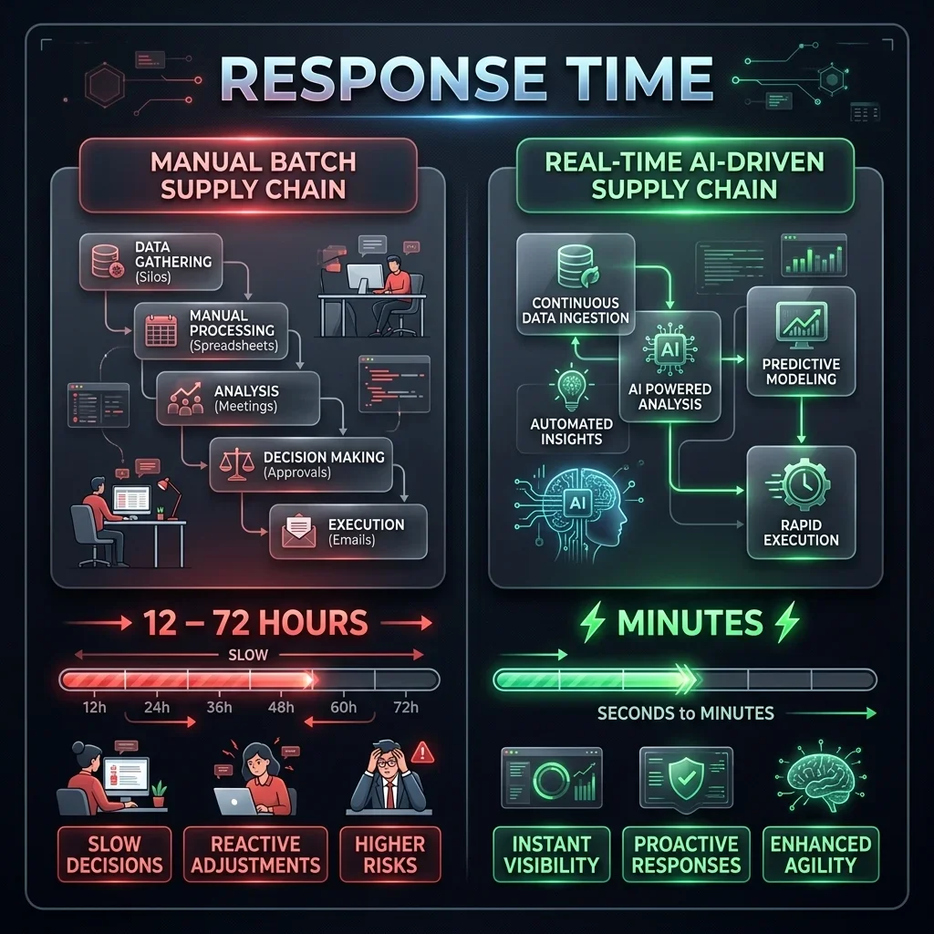 AI supply chain transformation — Infographic comparing manual batch processing delays to real-time AI-driven execution paths. Manual vs AI-Driven Supply Chain Response
