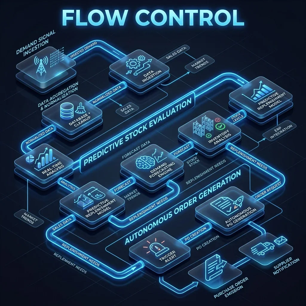 Inventory Replenishment Flow: Process diagram mapping demand signal detection, threshold checks, supplier selection, and PO approvals. Replenishment Workflow Diagram