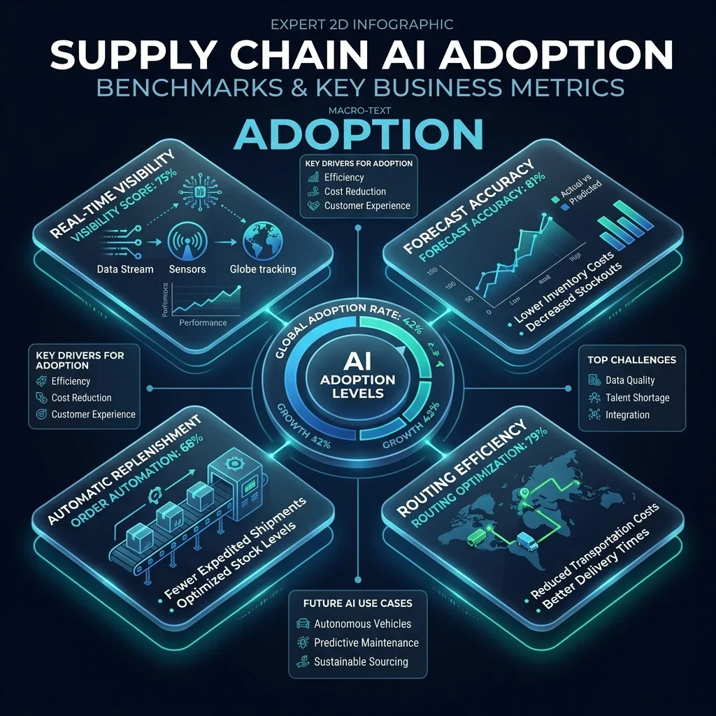 AI Adoption Scoreboard: Metric cards displaying average adoption percentages for visibility, forecasting, replenishment, and routing. Adoption Infographic Screenshot