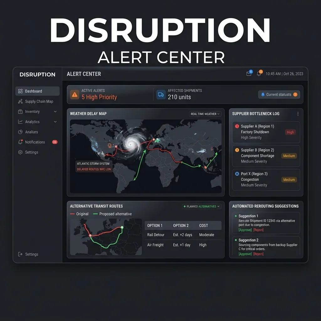 Disruption Alert Console: Alert list displaying weather delays, supplier log updates, and alternative rerouting options. Disruption Alerts Screenshot