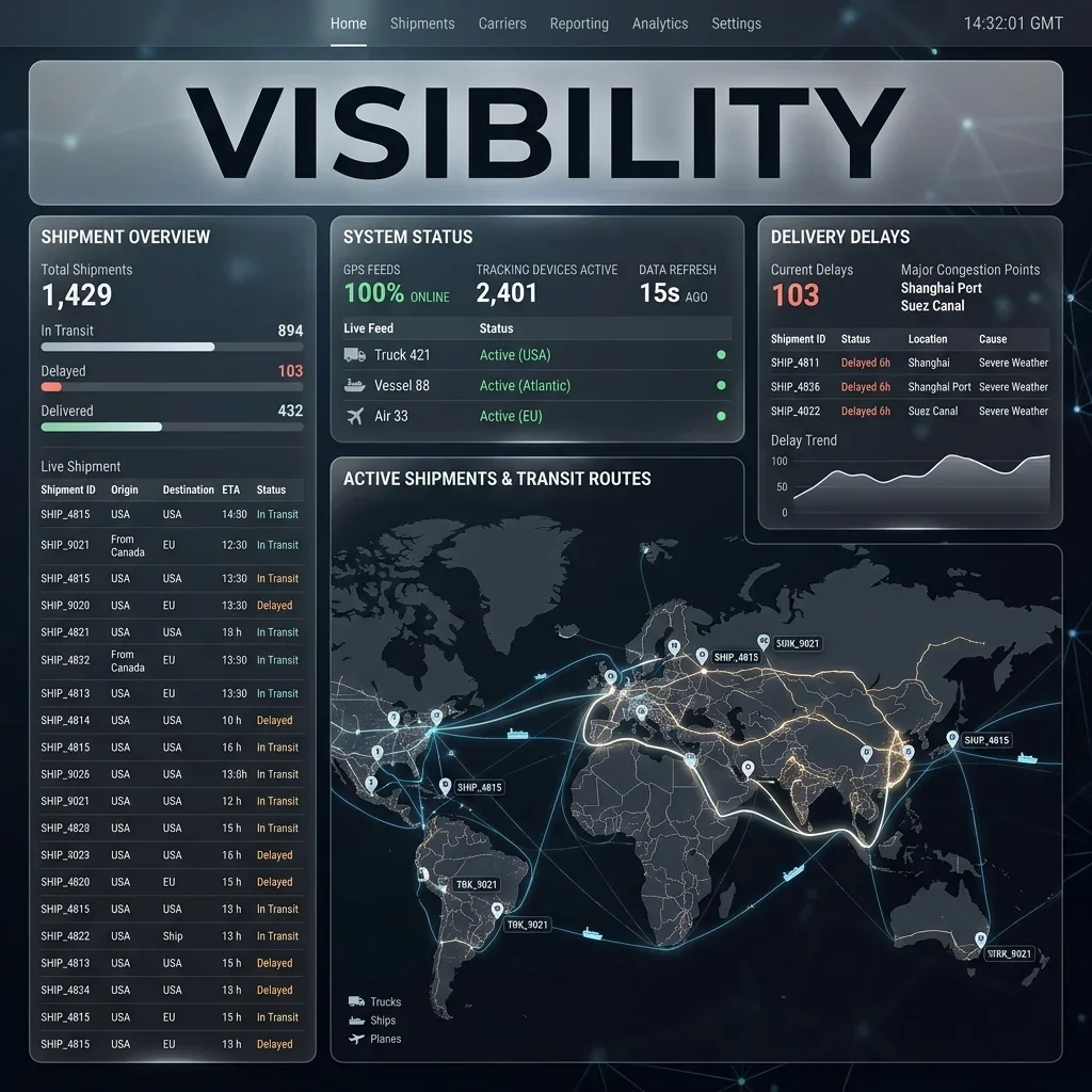 Supply Chain Visibility Dashboard: Console showing shipment map tracks, transit statuses, delay feeds, and carrier records. Visibility Dashboard Screenshot
