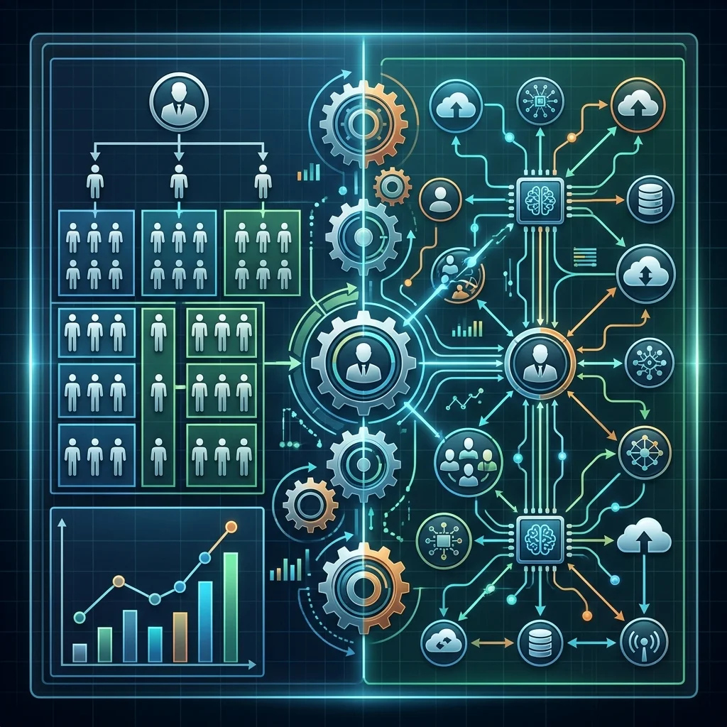 Engineering Leadership vs. Management --" 2D Technical chart showing the evolution of leadership leverage from 'Headcount Management' to 'Intelligence Orchestration'