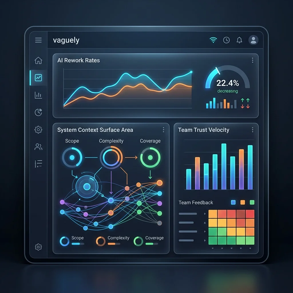 Engineering Leadership vs. Management --" 2D Industrial UI mock of a leadership impact tracker showing AI Rework Rates and Trust Velocity