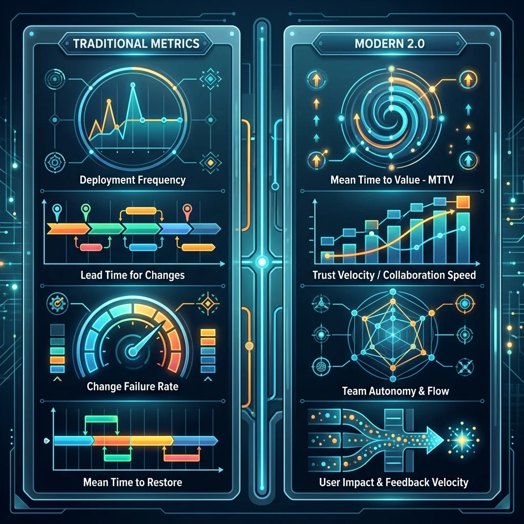 Engineering Management v2.0 --" 2D Comparison infographic mapping 2024 DORA metrics vs. 2026 Hybrid Metrics